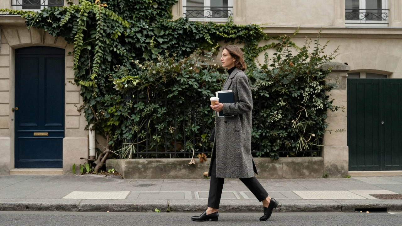 A woman walking peacefully through a quiet residential street in Paris with a book and coffee.