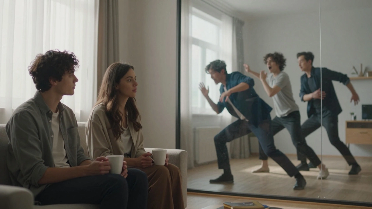 Split image: tender silence on one side, intense performance on the other, separated by glass.